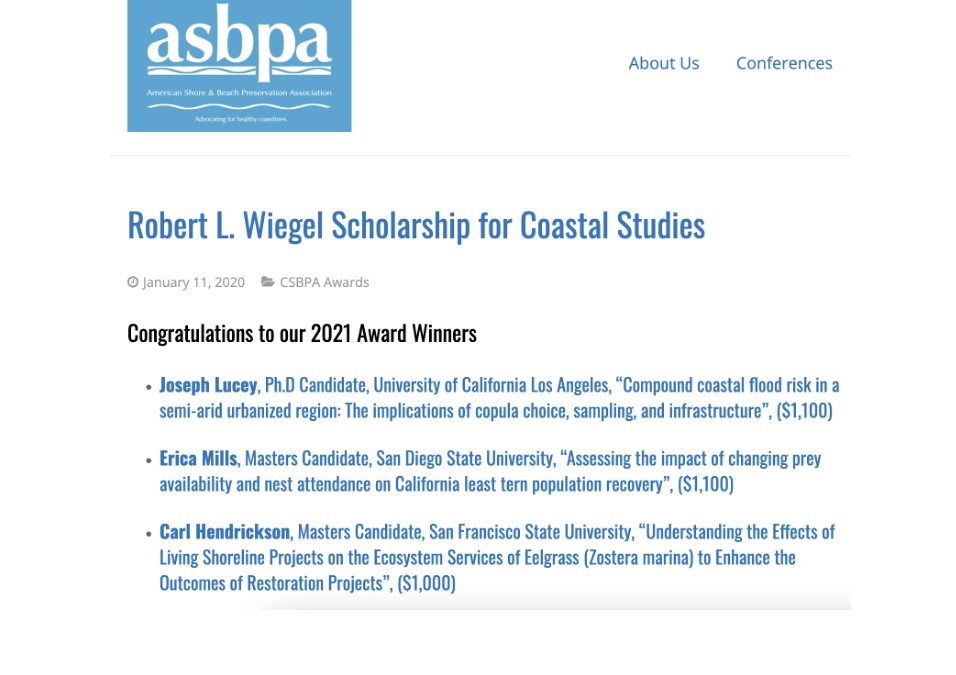 2021 Robert L. Weigel Scholarship for Coastal Studies – Joseph Lucey